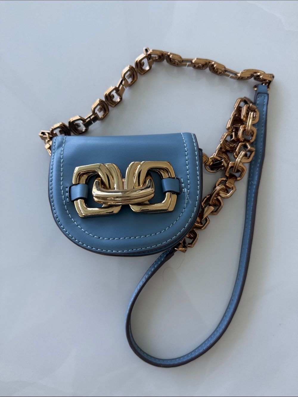 Blue Leather Crossbody Bag with Gold Chain Accent
